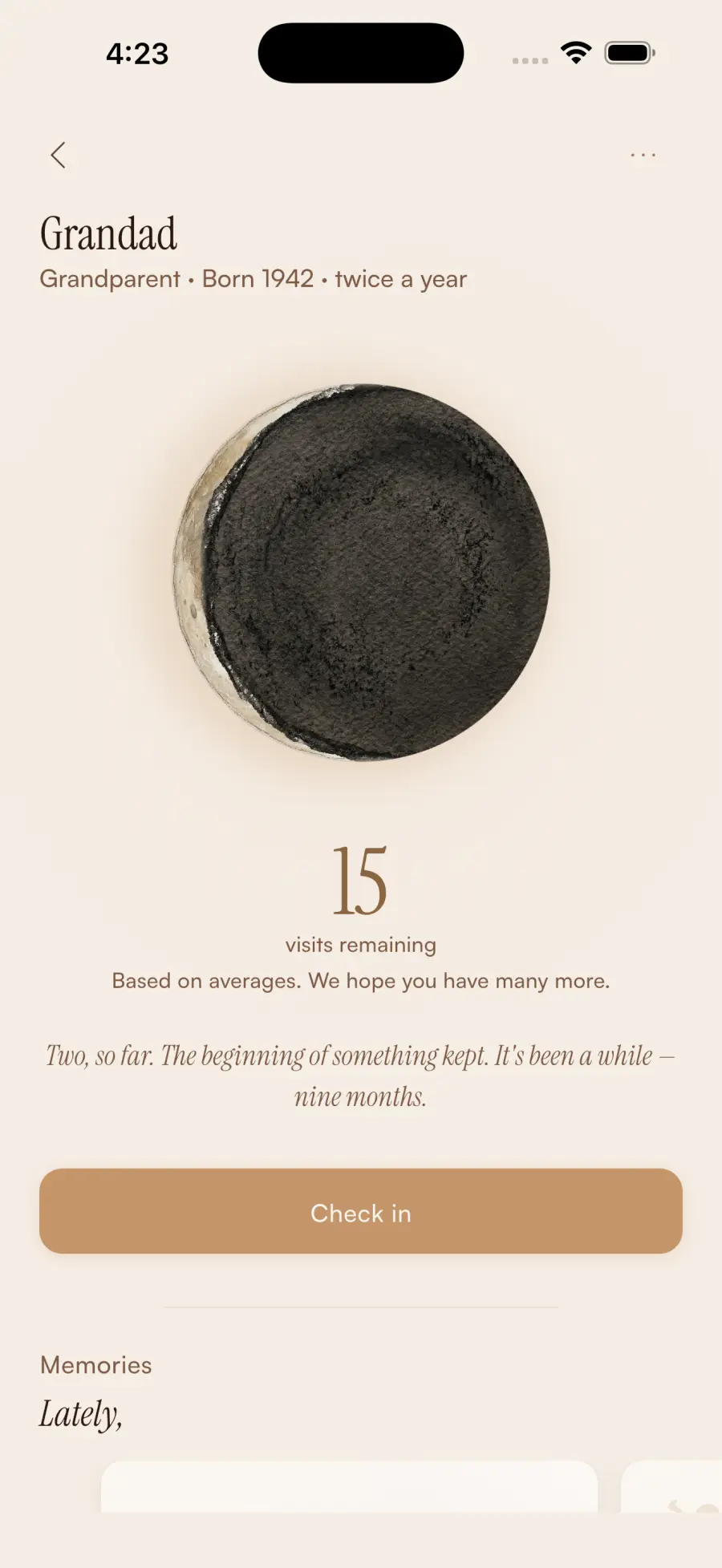 Counted person detail screen showing the Eclipse, remaining visits, and a Check in button